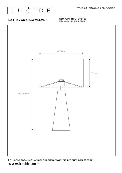 Lucide EXTRAVAGANZA VELVET - Tafellamp - Ø 25 cm - 1xE27 - Zwart - technisch